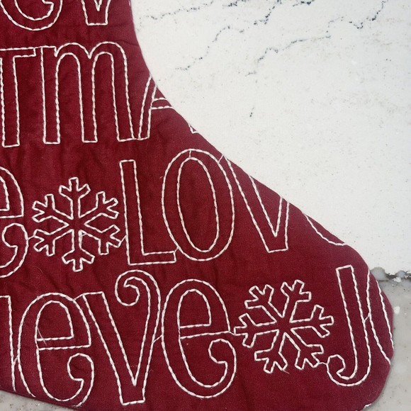 Pottery Barn Sentiment Love Joy Quilted Red Red Christmas Stocking 19.5" #7392 - Picture 5 of 8